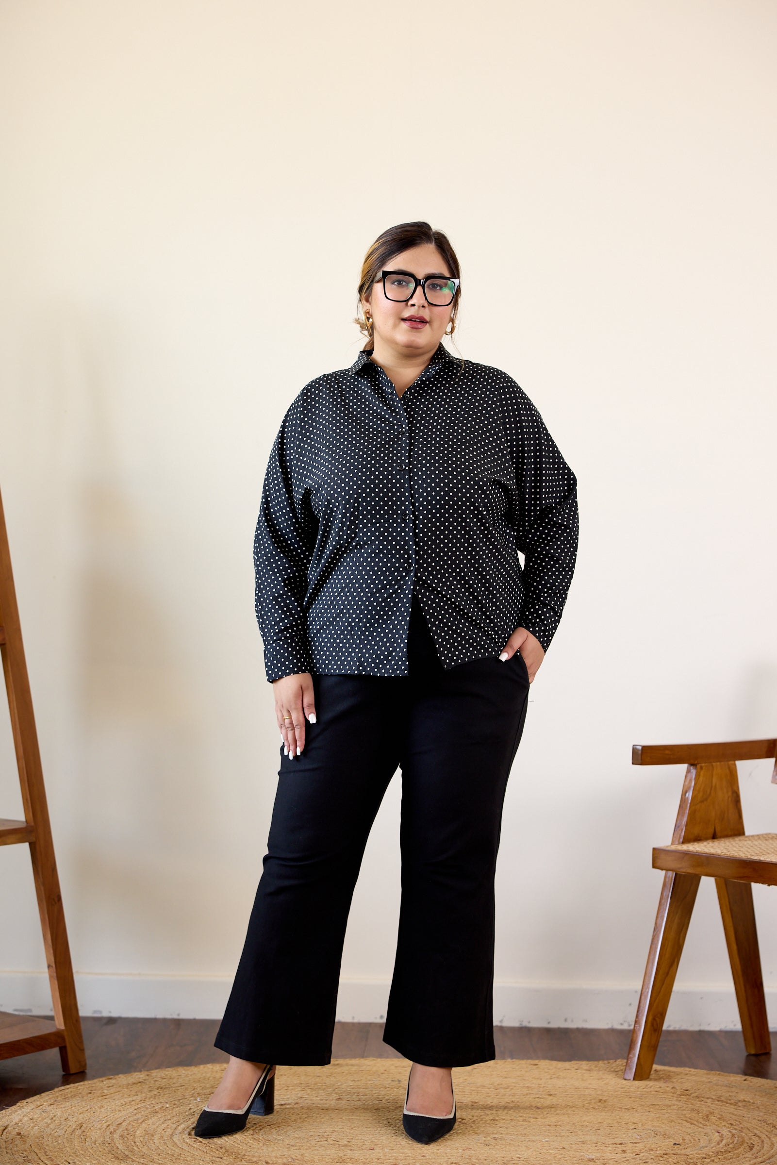 Black and White Polka Dot Button-Down Shirt