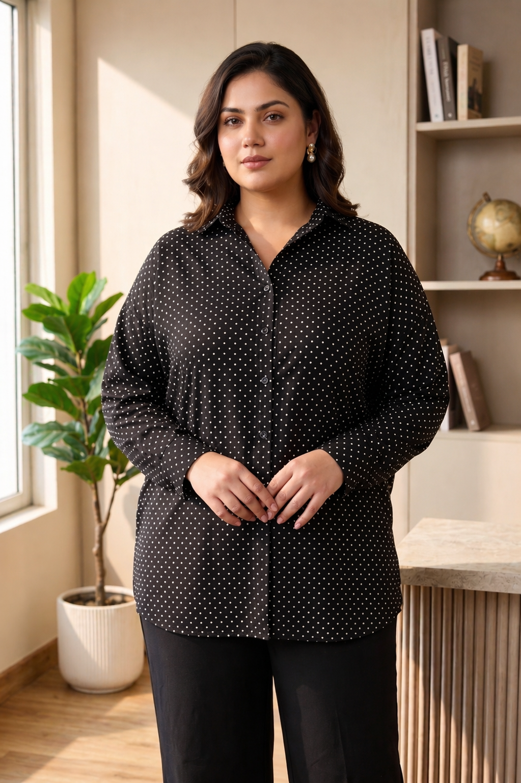 Black and White Polka Dot Button-Down Shirt