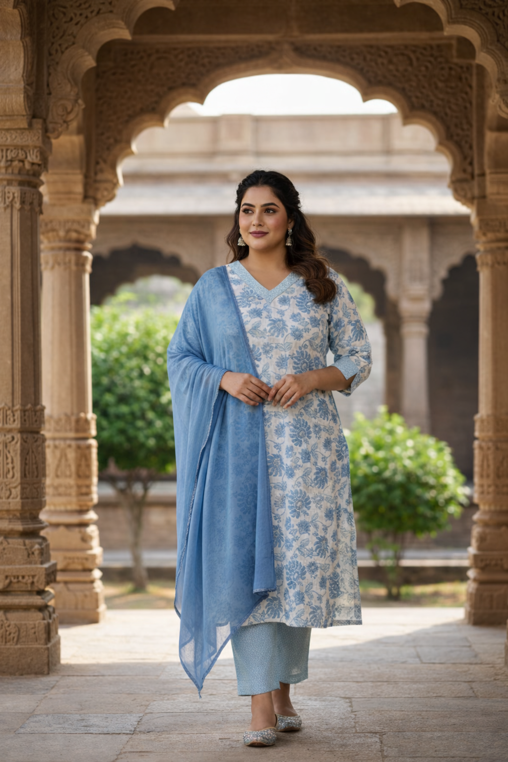 Blue Blossom White Cotton Kurta Set - (Set of 3)