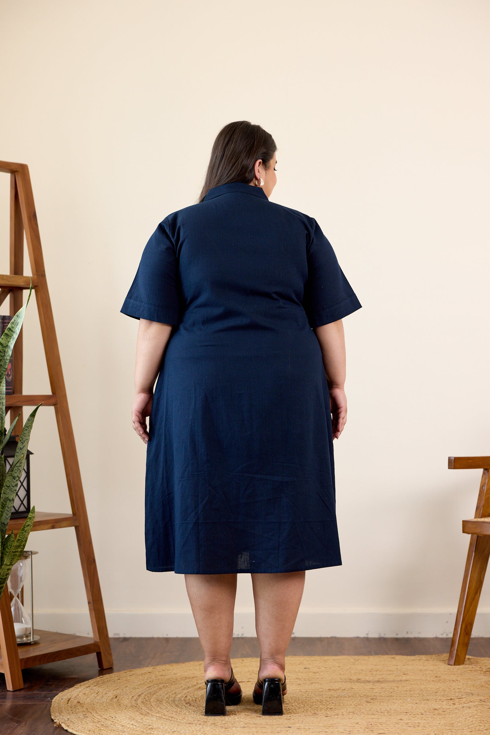 Midnight Blue Button-Down Lapel Linen Jacket Dress