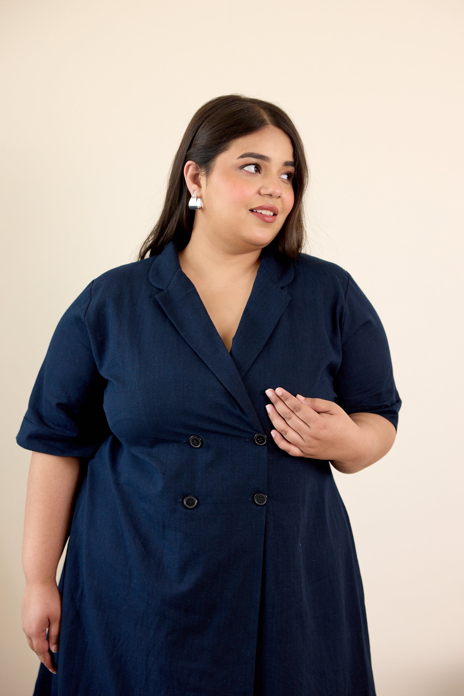 Midnight Blue Button-Down Lapel Linen Jacket Dress