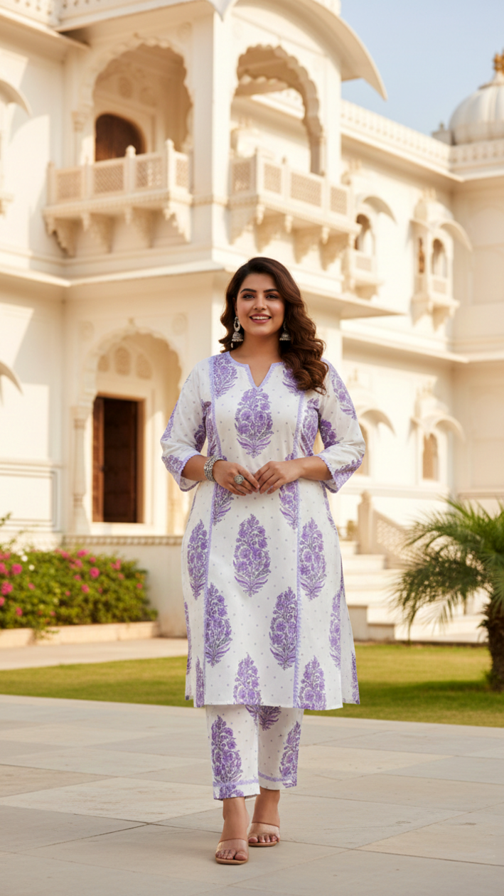 Purple Jaipuri Block Print Cotton Kurta Set