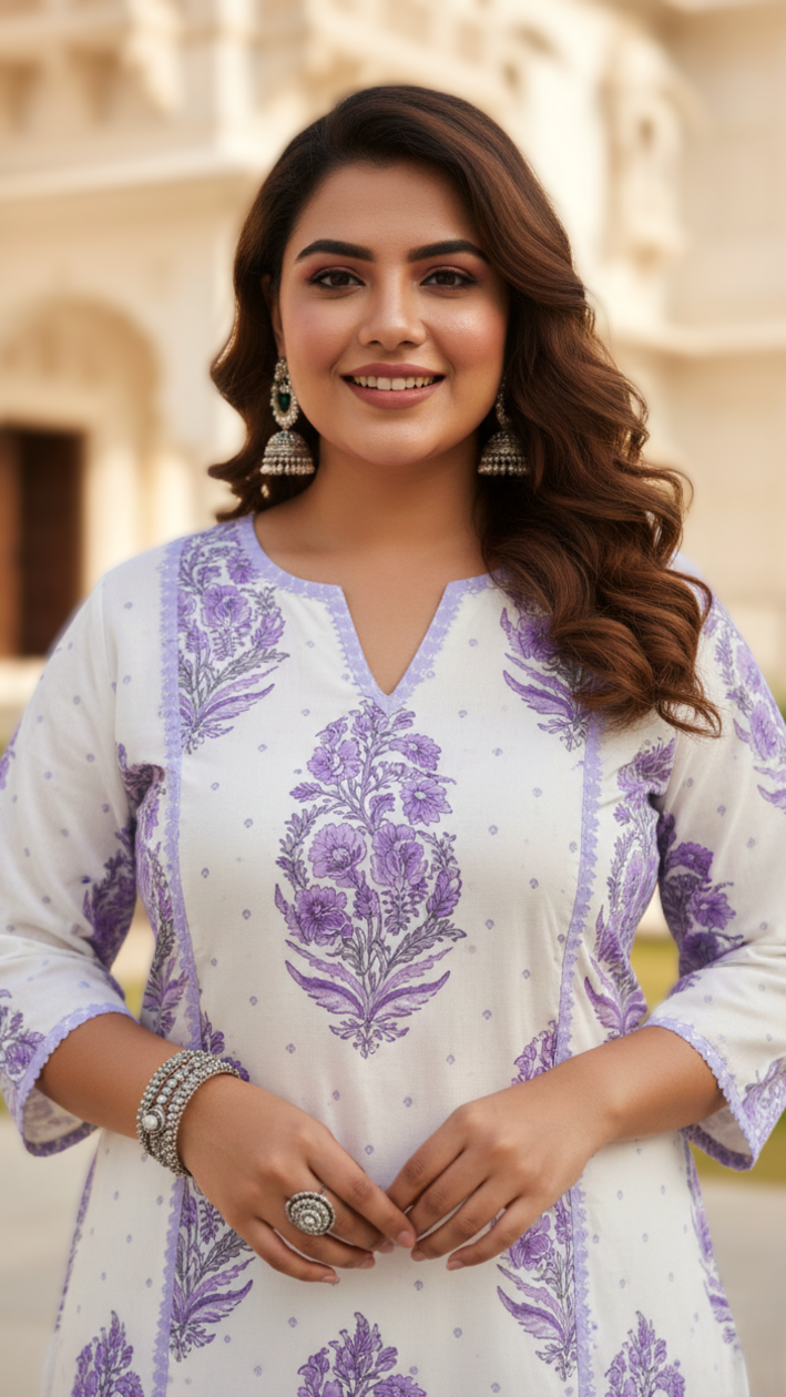 Purple Jaipuri Block Print Cotton Kurta Set