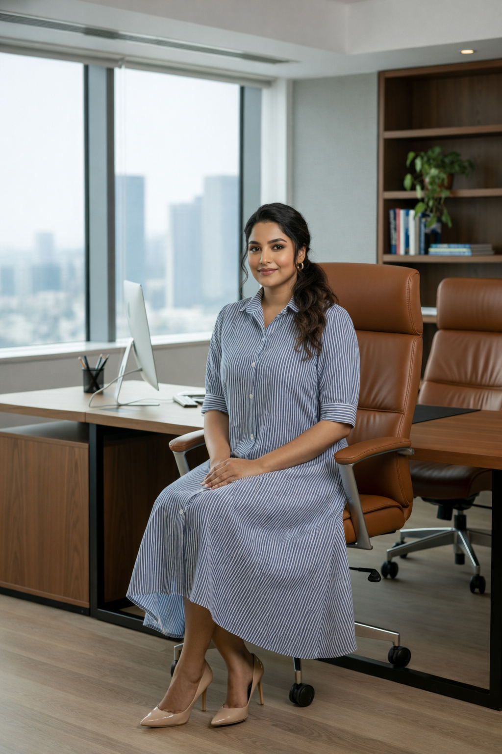 Tailored Blue Striped Button-Down Dress