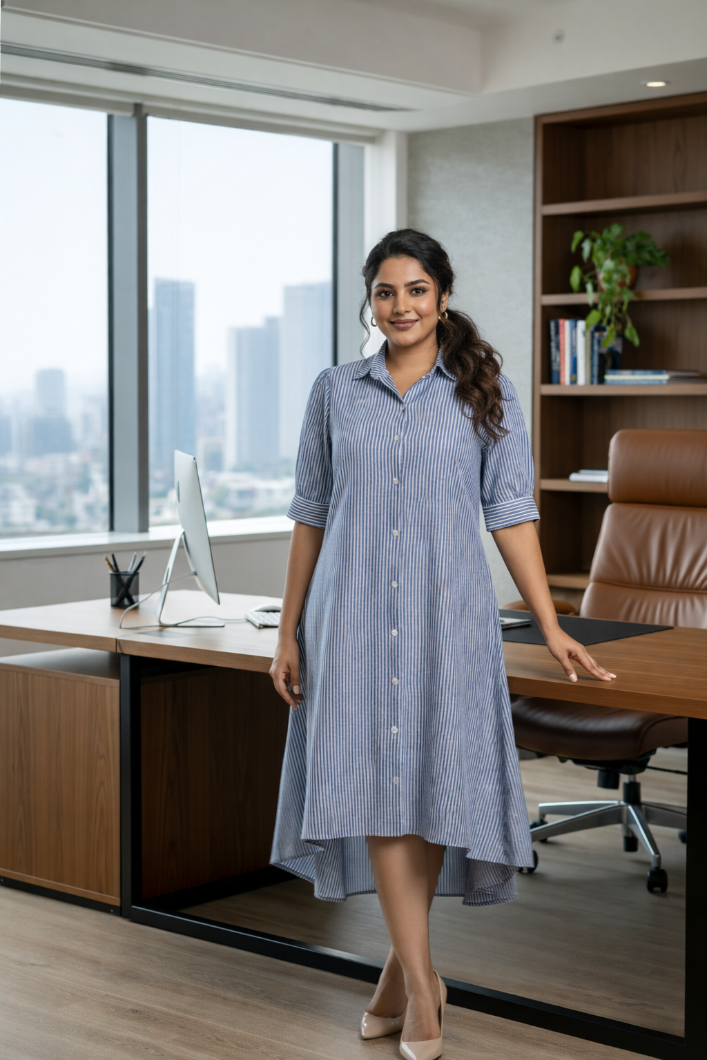 Tailored Blue Striped Button-Down Dress
