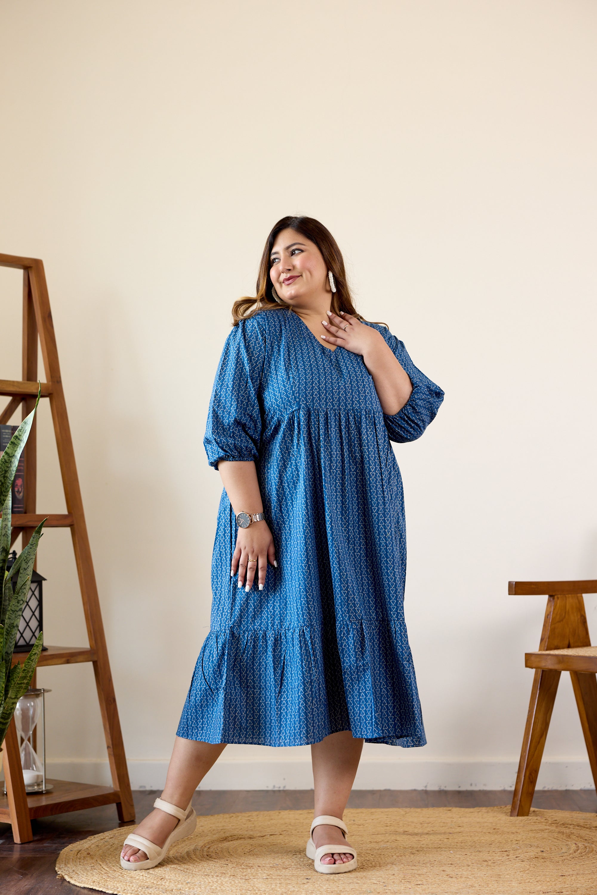 Blue Geometric Print Tiered Dress