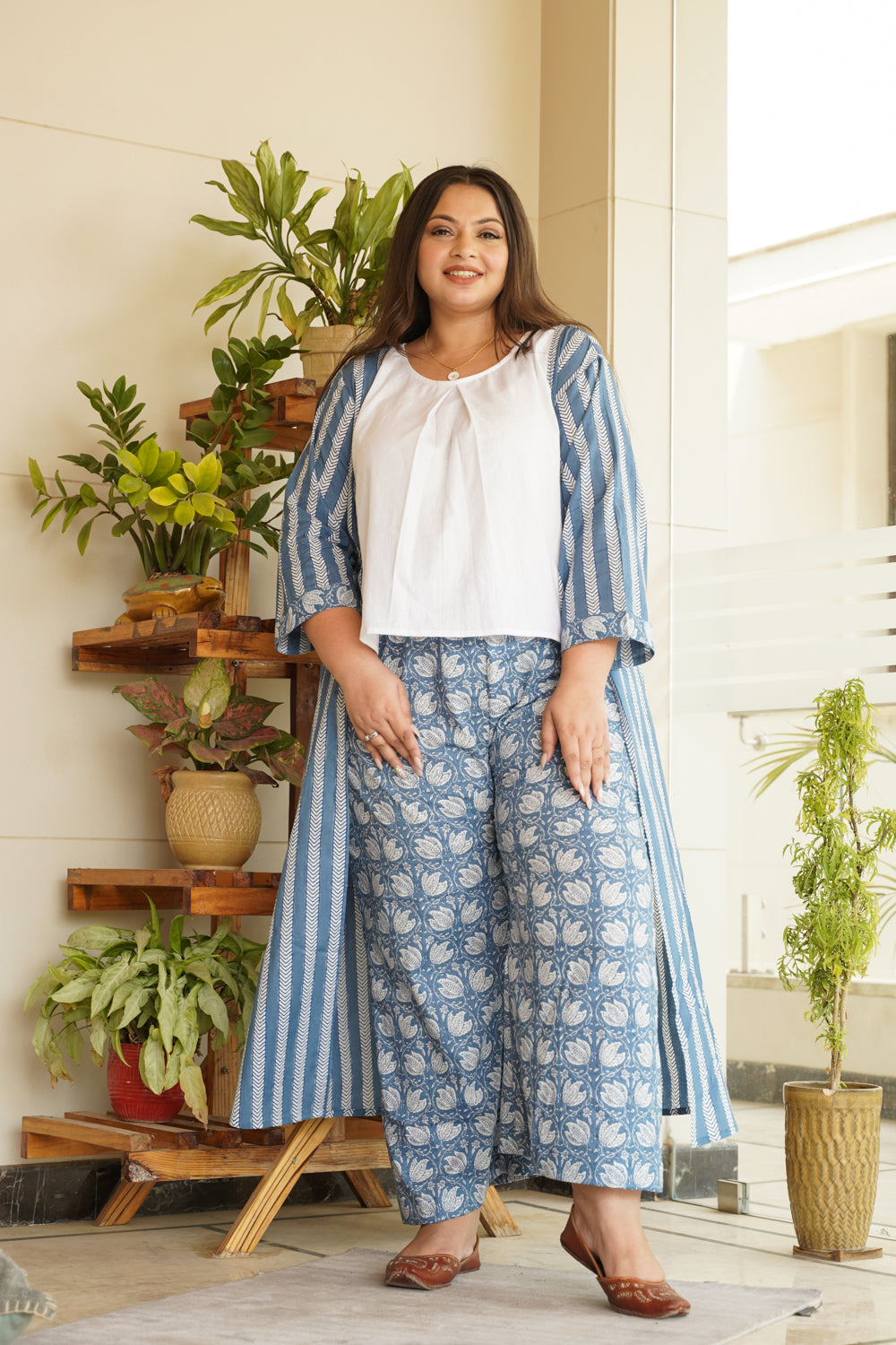 Blue Cotton Shrug Palazzo Set - Set of 3