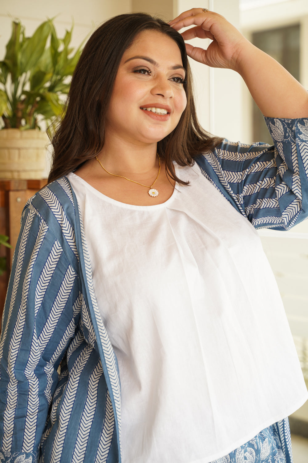 Blue Cotton Shrug Palazzo Set - Set of 3