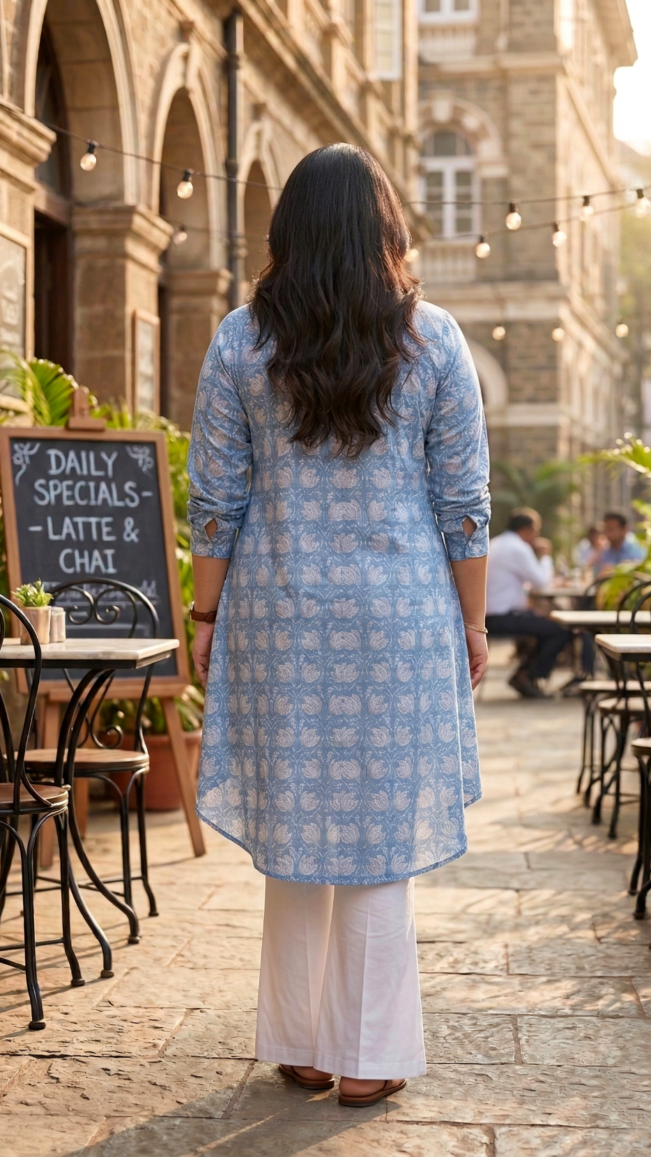 Plus Size Blue Cotton High-Low Shirt – Printed Button Down Tunic