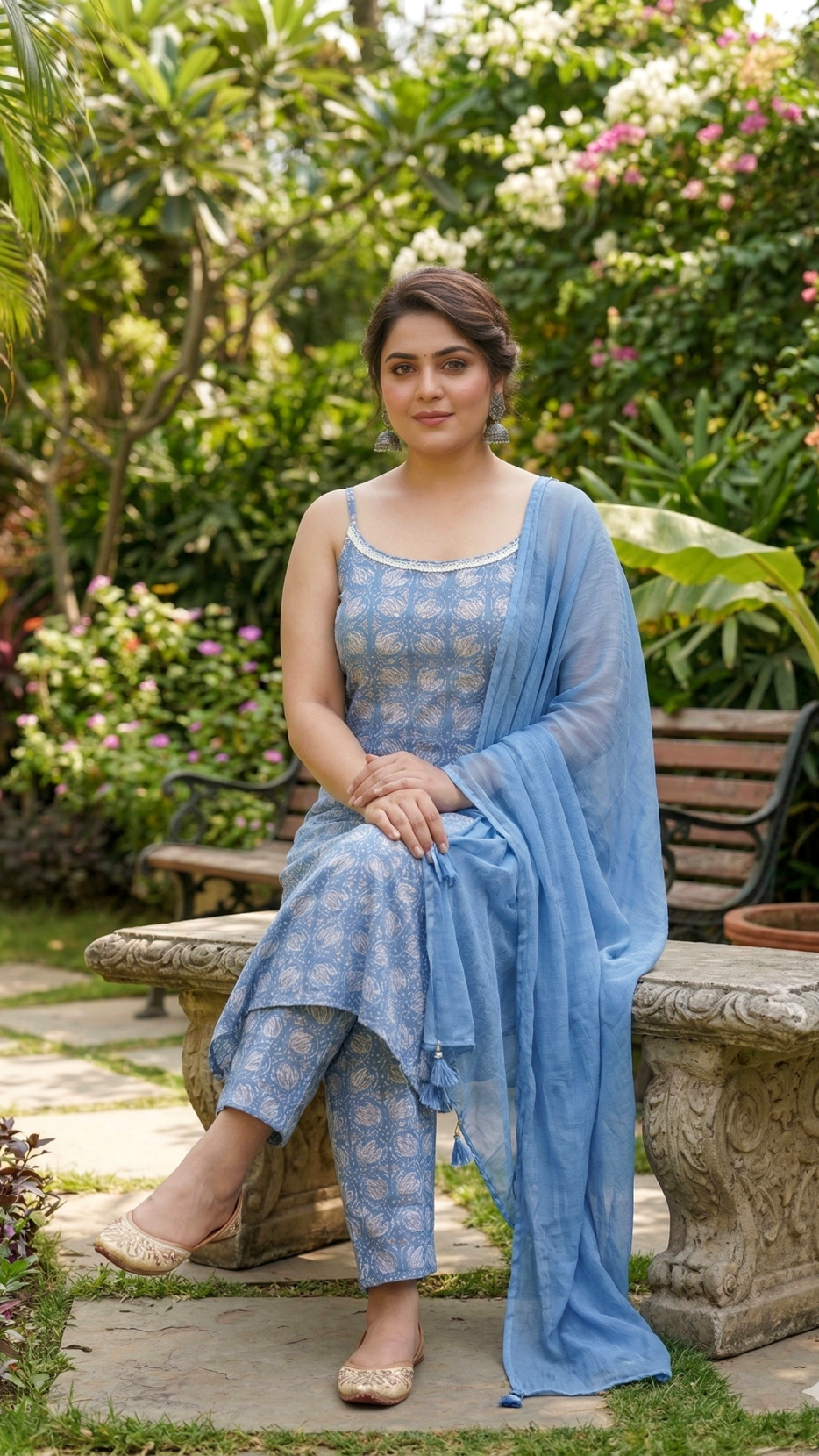 Plus Size Blue Cotton Floral Strap Kurta Set – Sleeveless Kurta with Pants & Dupatta