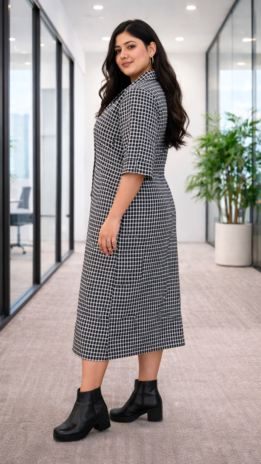 Black & White Gingham Midi Shirt Dress