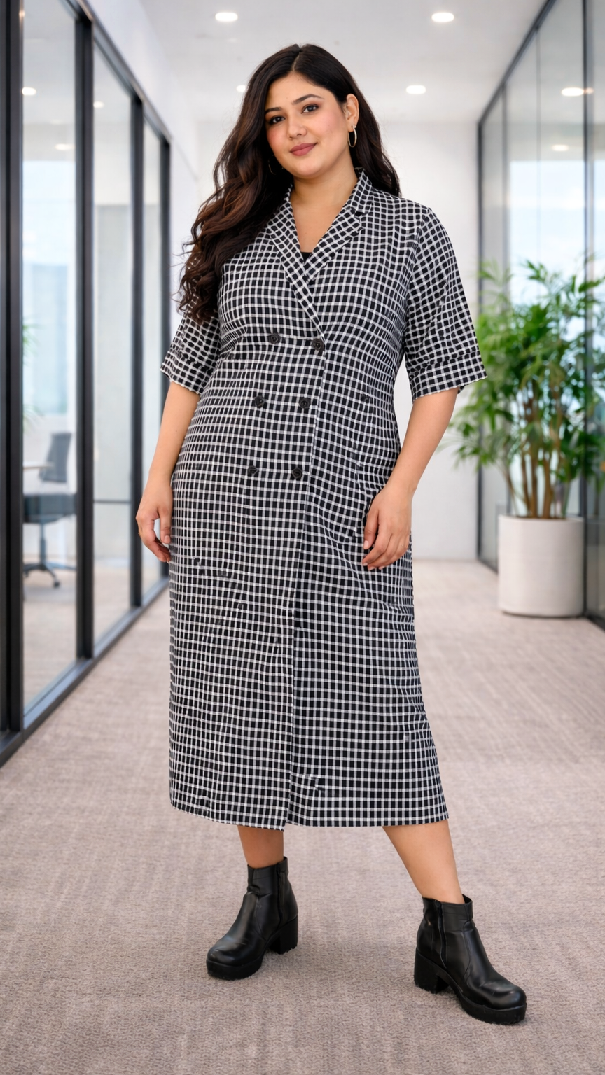 Black & White Gingham Midi Shirt Dress