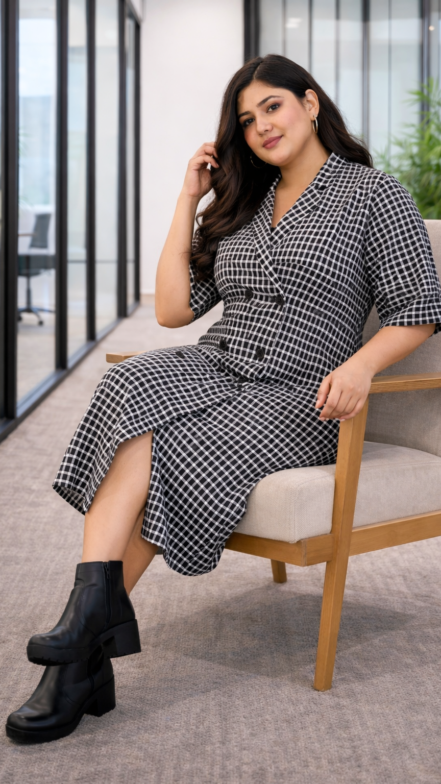 Black & White Gingham Midi Shirt Dress