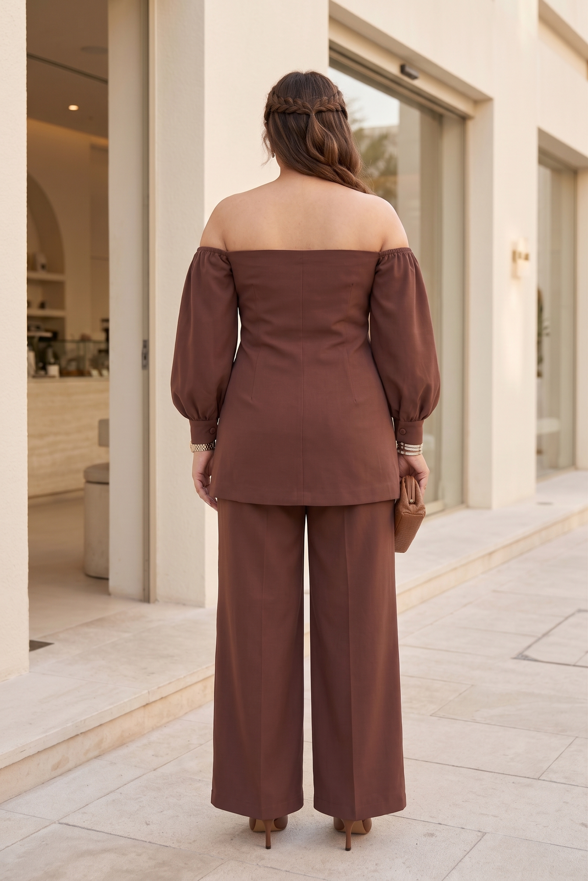 Plus Size Linen Co-ord Set – Brown Off-Shoulder Top & Wide-Leg Pants