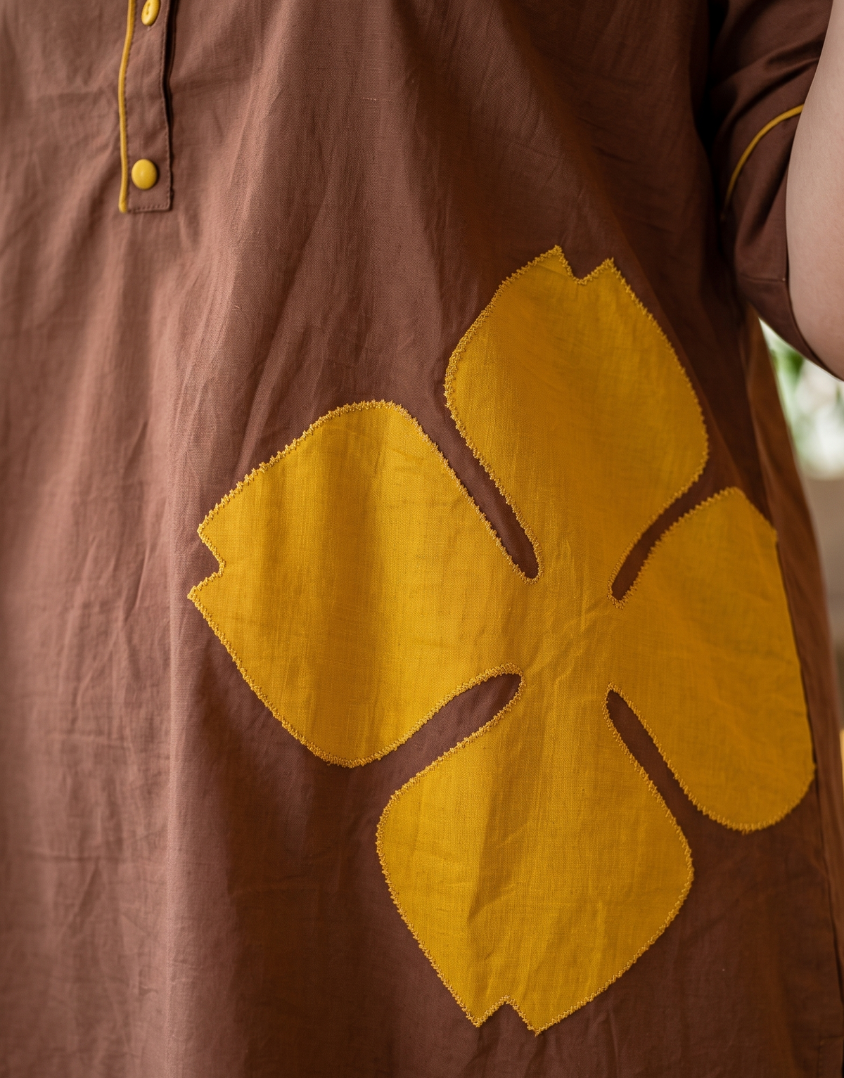 Plus Size Brown 100% Cotton Co-Ord Set with Mustard Fabric Applique