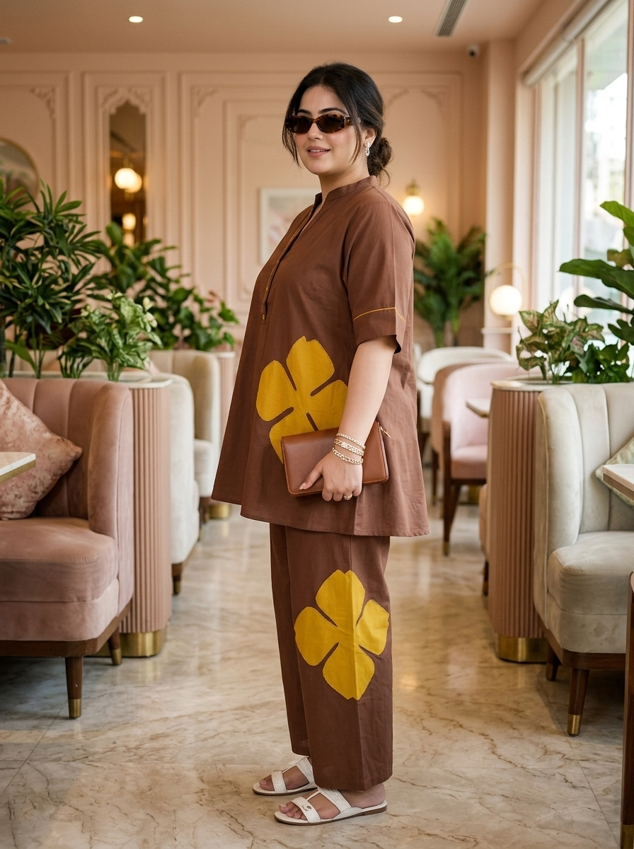 Plus Size Brown 100% Cotton Co-Ord Set with Mustard Fabric Applique