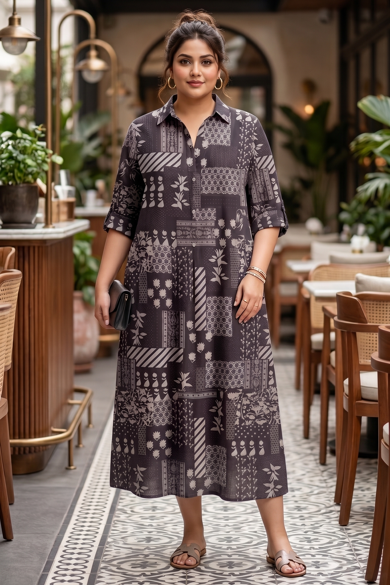 Plus Size Brown Printed Cotton Midi Dress for Women | Collared Button-Down A-Line Dress