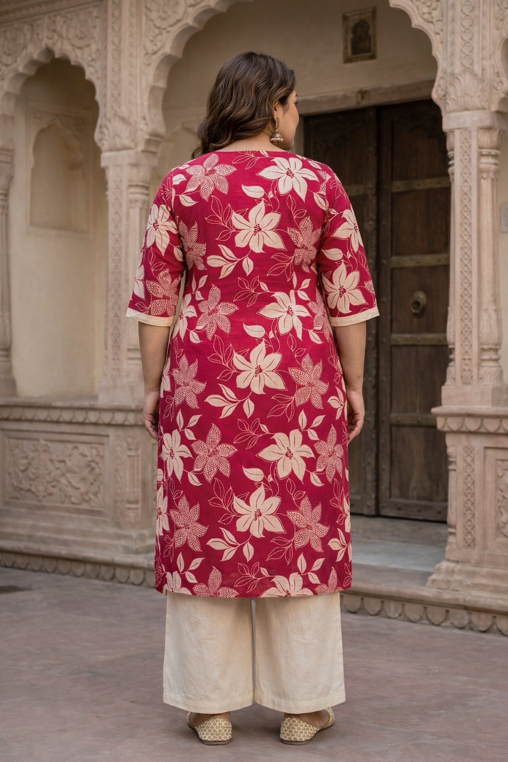 Bright Pink Foliage Print Floral Cotton Kurta Set(Set of 2)
