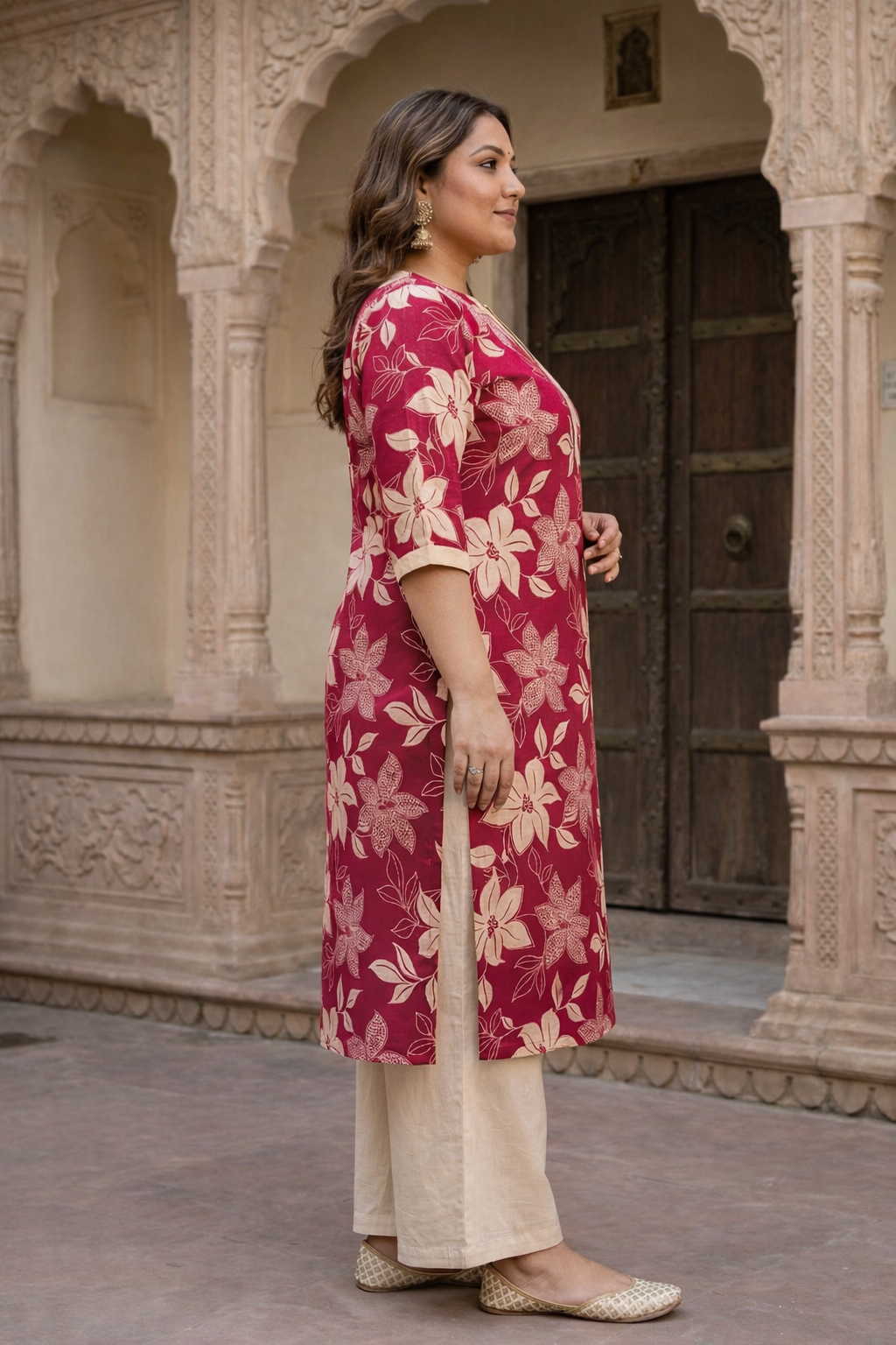 Bright Pink Foliage Print Floral Cotton Kurta Set(Set of 2)