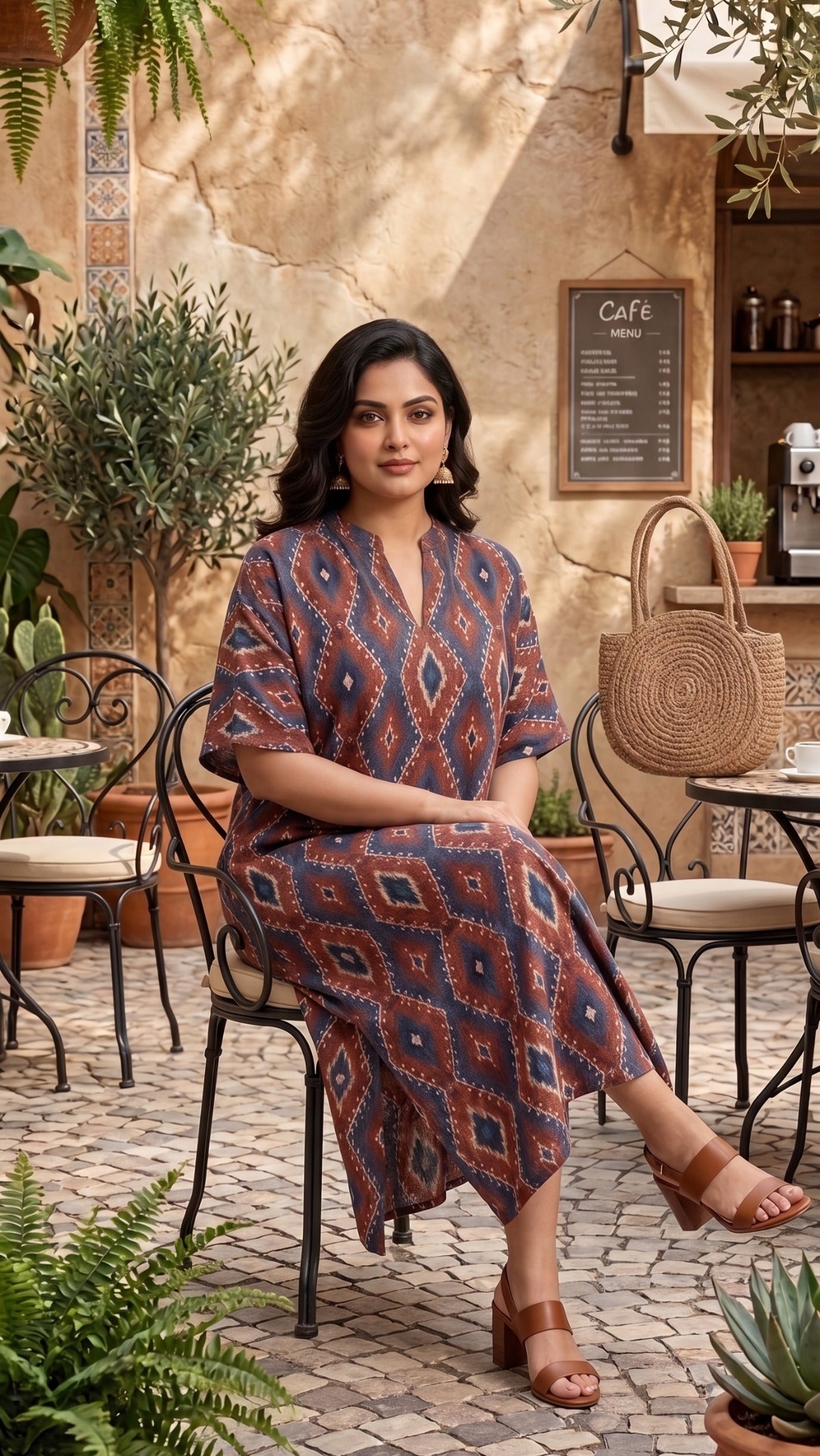 Plus Size Geometric Printed Cotton Maxi Dress for Women | Casual Straight Midi Dress