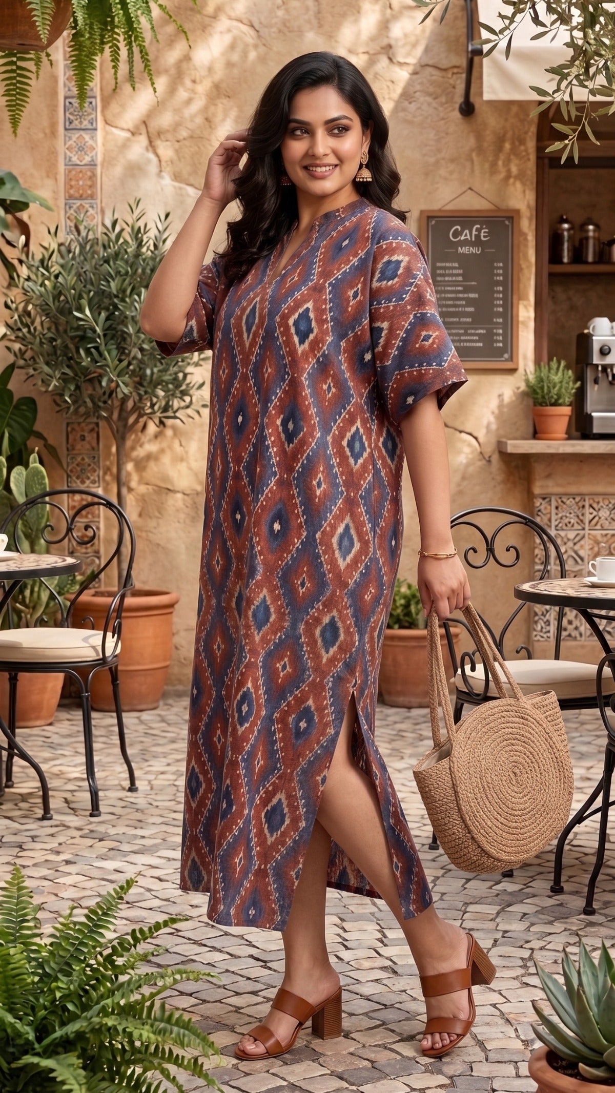 Plus Size Geometric Printed Cotton Maxi Dress for Women | Casual Straight Midi Dress