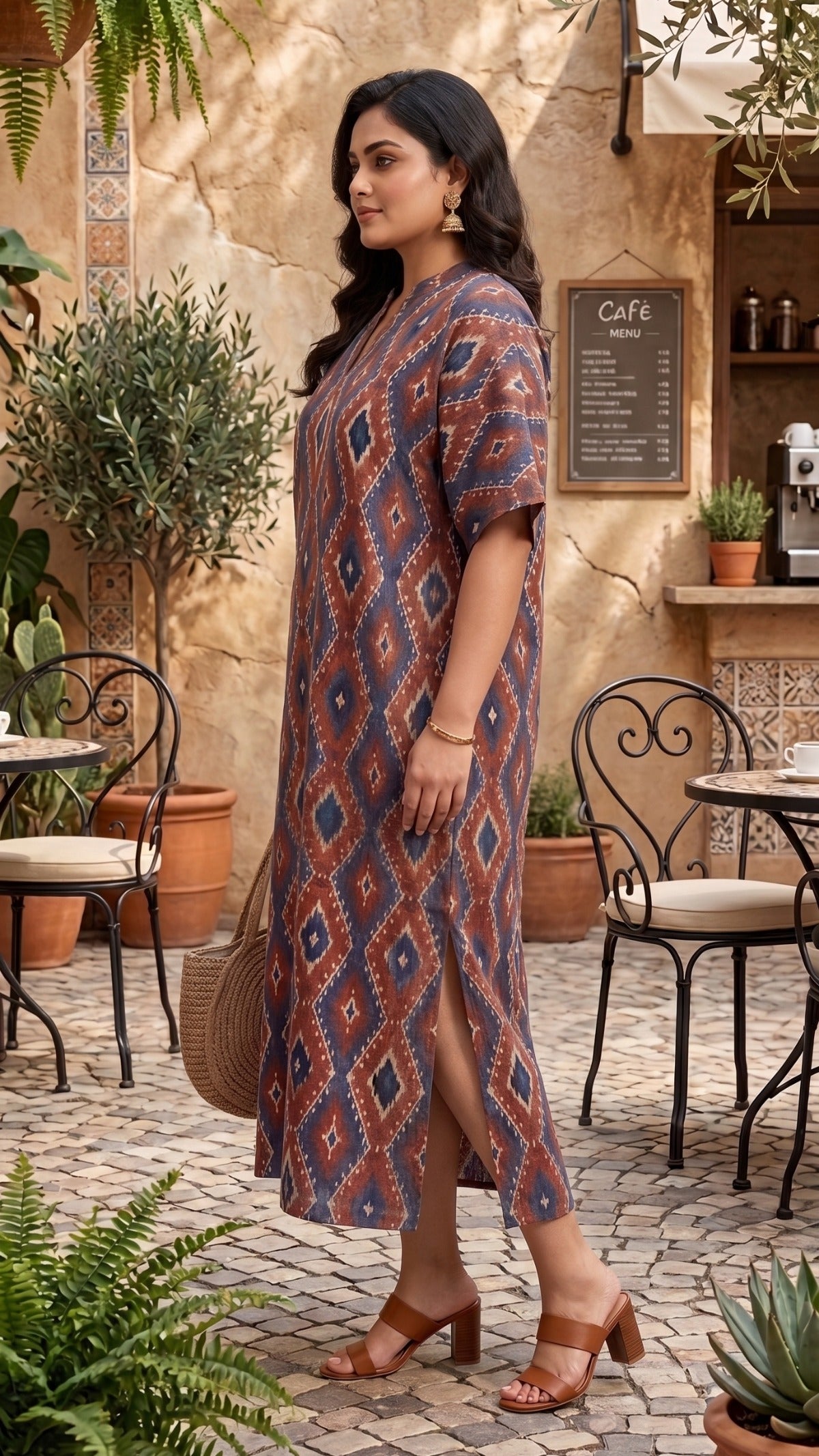 Plus Size Geometric Printed Cotton Maxi Dress for Women | Casual Straight Midi Dress
