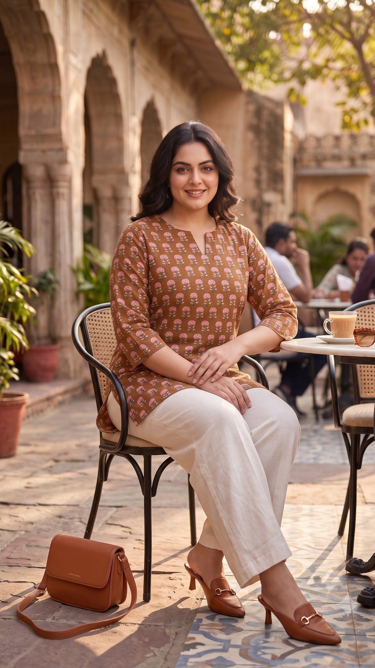 Plus Size Brown Printed Cotton Top for Women | Mandarin Neck Casual Kurti Top