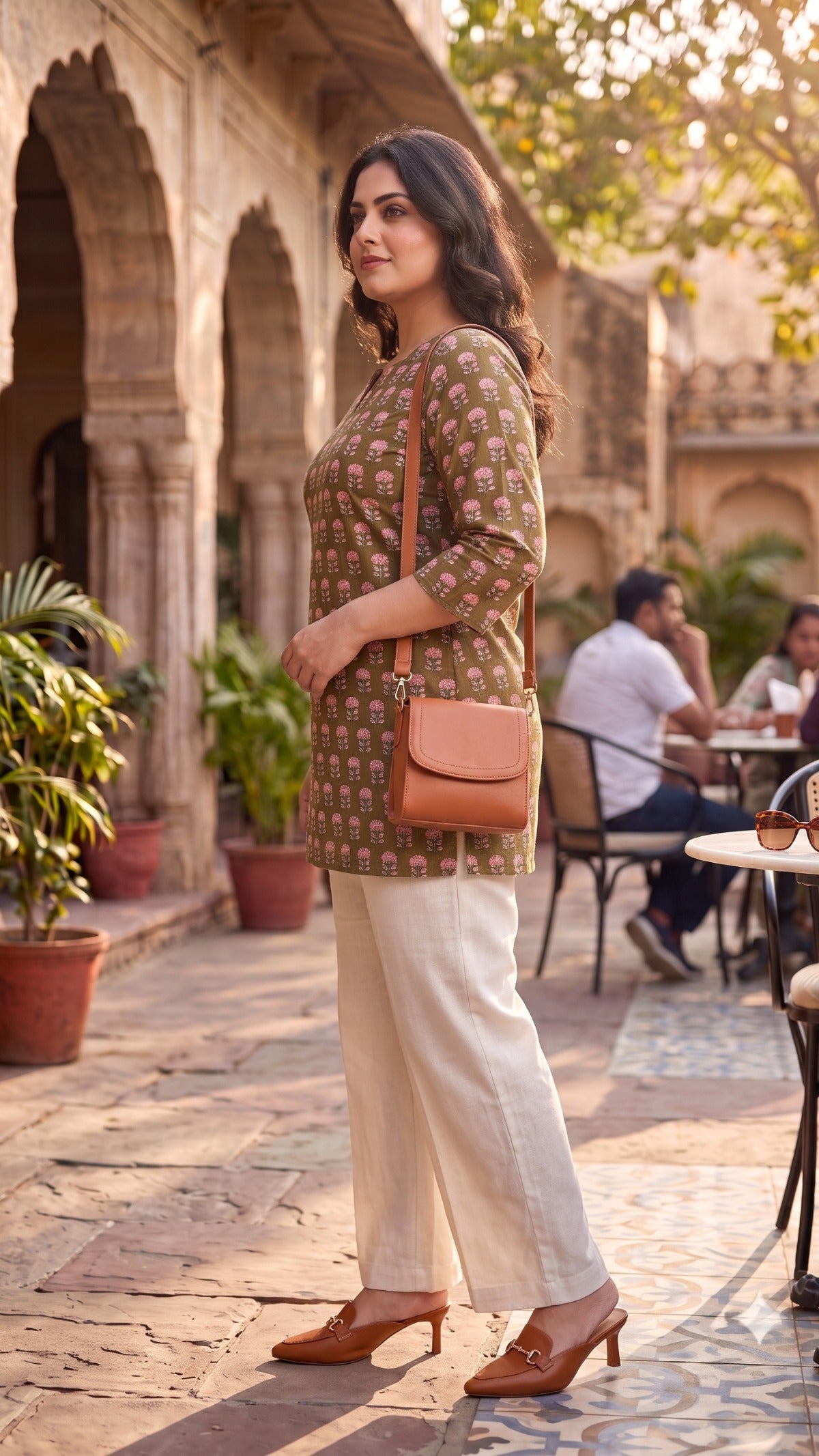 Plus Size Brown Printed Cotton Top for Women | Mandarin Neck Casual Kurti Top