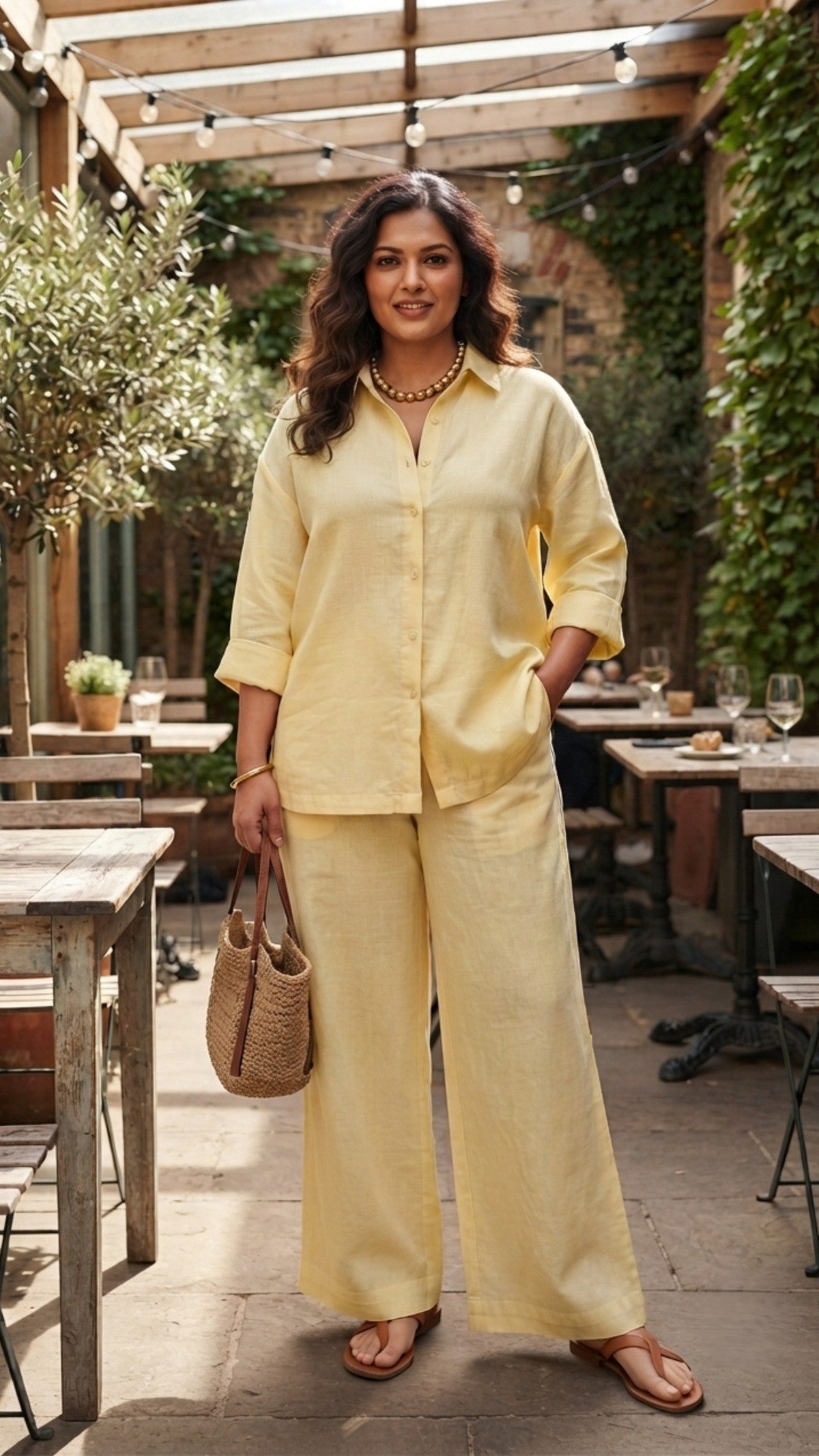Plus Size Butter Yellow Cotton Co-ord Set for Women | Relaxed Fit Shirt & Wide Leg Pants
