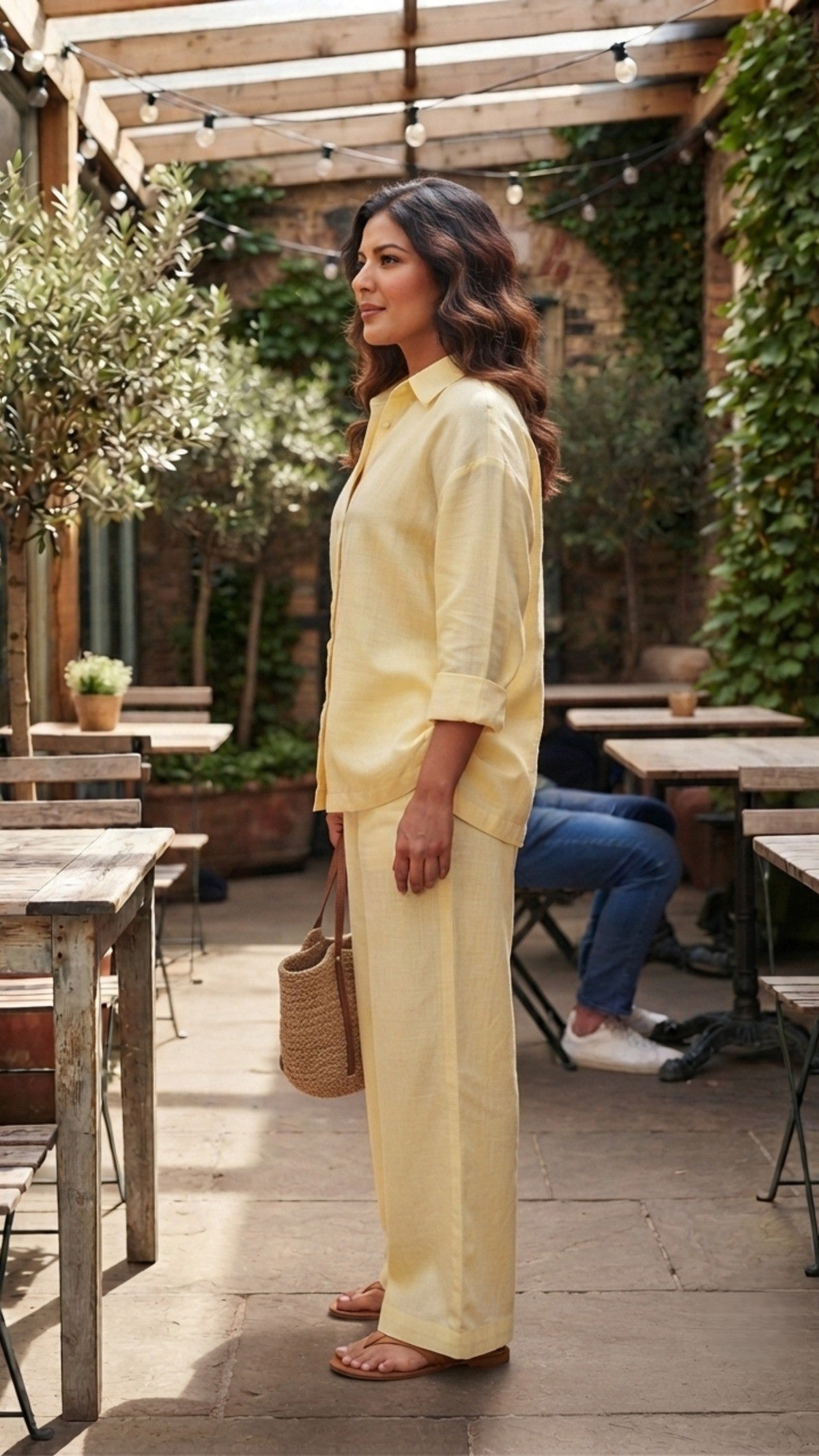 Plus Size Butter Yellow Cotton Co-ord Set for Women | Relaxed Fit Shirt & Wide Leg Pants