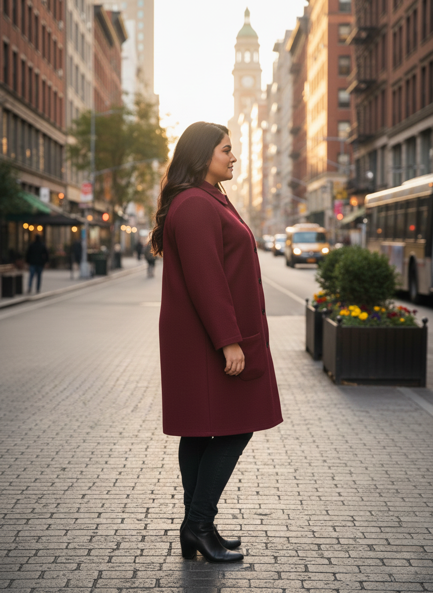 Plus Size Classic Burgundy Button-Down Woolen Overcoat for Women