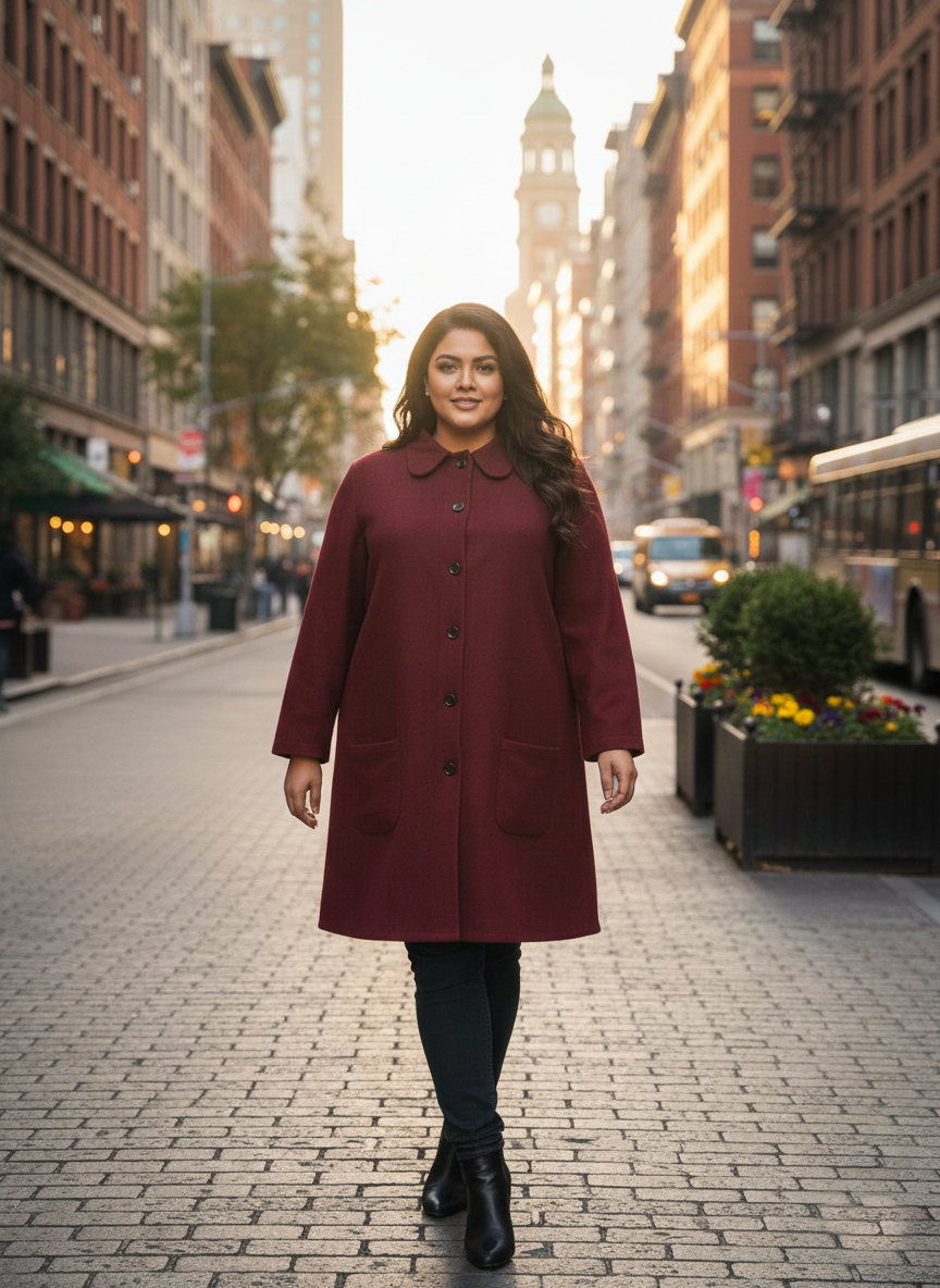 Plus Size Classic Burgundy Button-Down Woolen Overcoat for Women