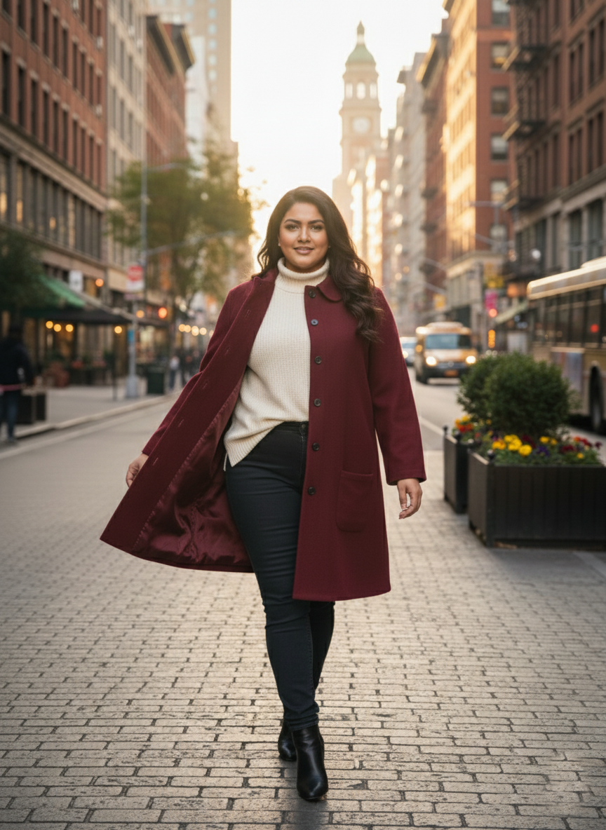 Plus Size Classic Burgundy Button-Down Woolen Overcoat for Women