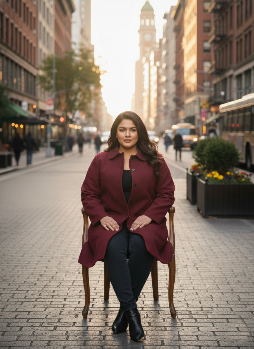 Plus Size Classic Burgundy Button-Down Woolen Overcoat for Women