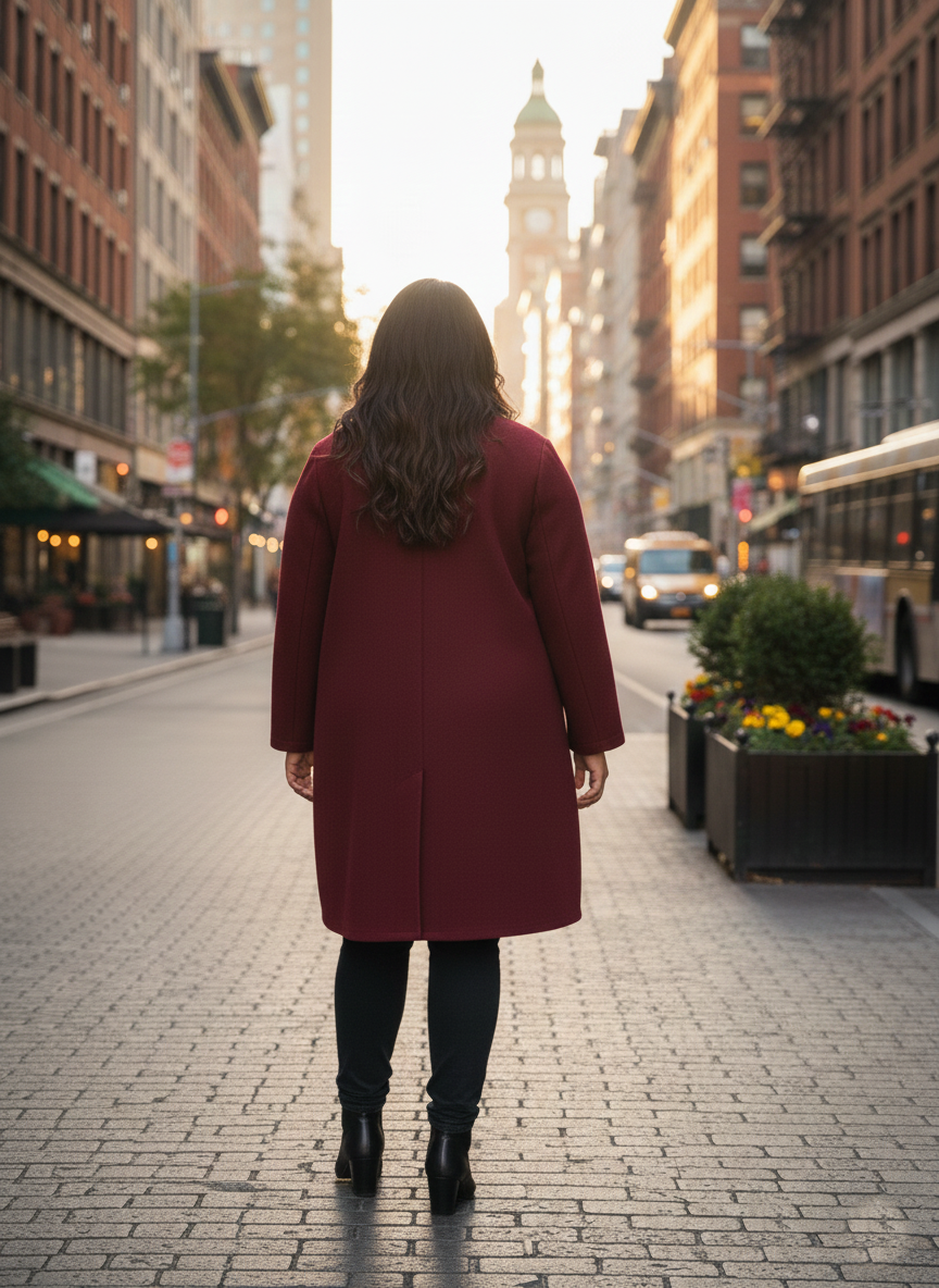 Plus Size Classic Burgundy Button-Down Woolen Overcoat for Women