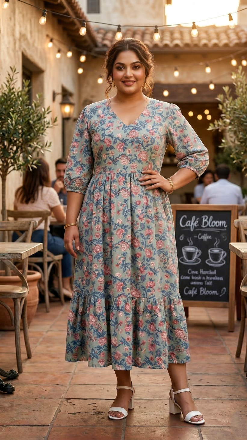 Blue Floral Printed Cotton Midi Dress for Women – Elegant Casual Wear