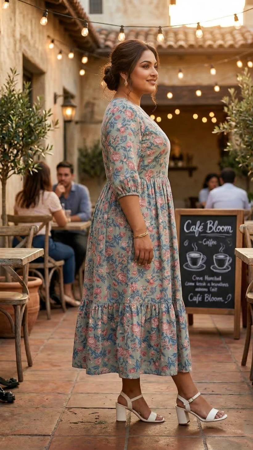 Blue Floral Printed Cotton Midi Dress for Women – Elegant Casual Wear