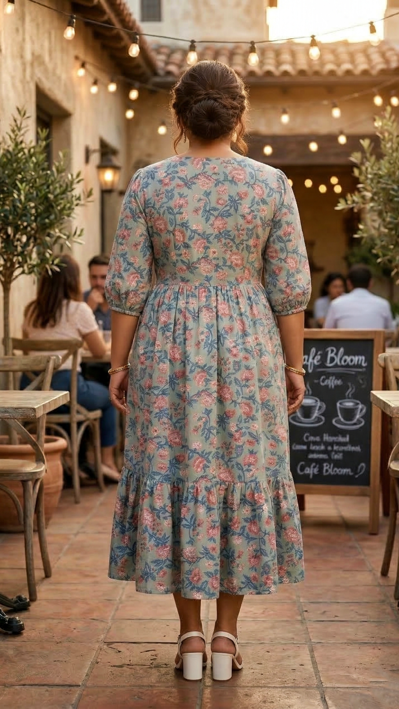 Blue Floral Printed Cotton Midi Dress for Women – Elegant Casual Wear