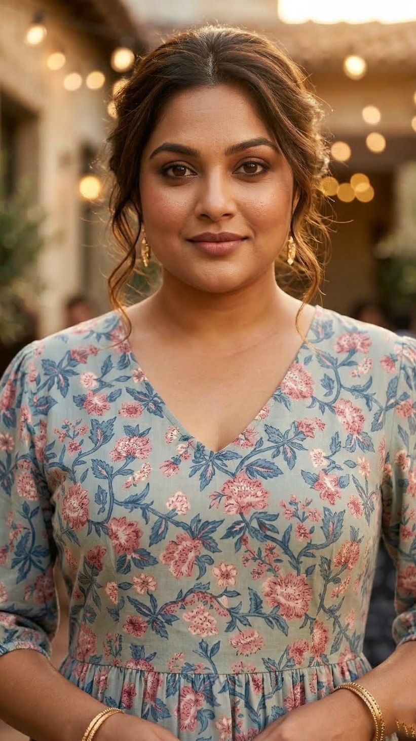 Blue Floral Printed Cotton Midi Dress for Women – Elegant Casual Wear