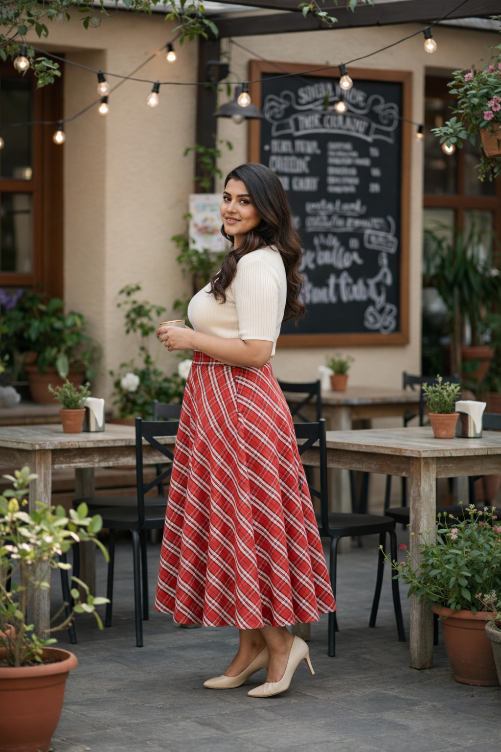 Plus Size Red Checkered A-Line Midi Skirt for Women