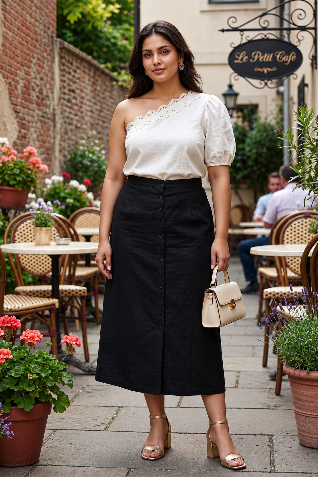 Black Linen Button Front A-Line Midi Skirt