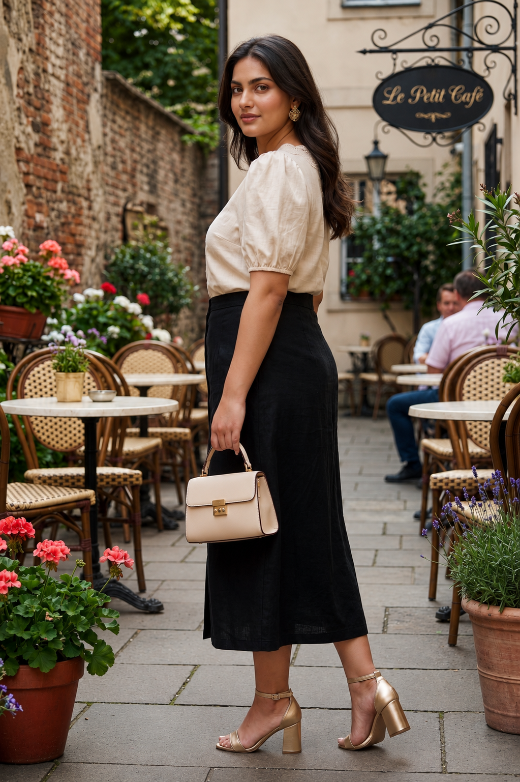 Regular Black Linen Button Front A-Line Midi Skirt
