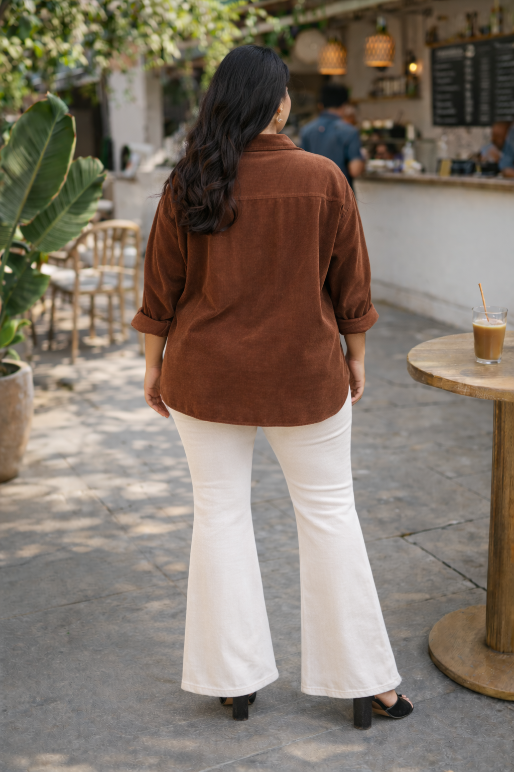 Plus Size Brown Corduroy Button-Down Jacket with Double Pockets