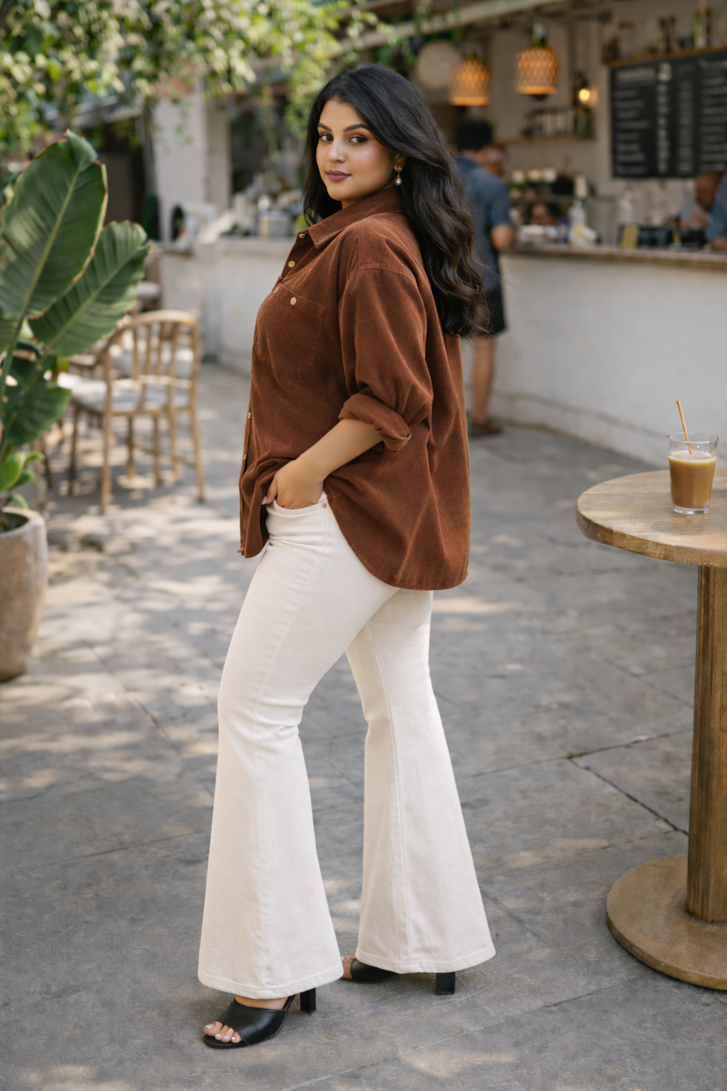 Plus Size Brown Corduroy Button-Down Jacket with Double Pockets