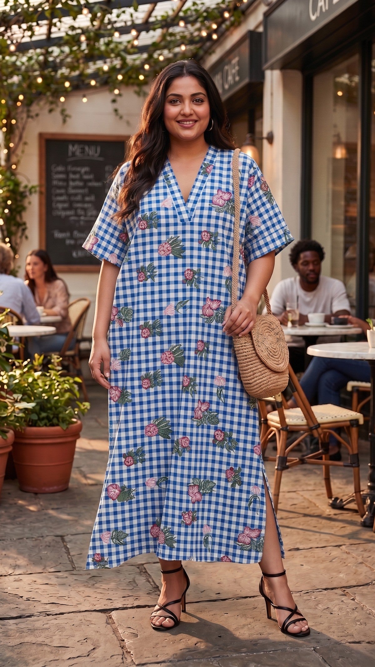 Plus Size Blue Checked Floral Print Maxi Dress β Relaxed Fit Cotton Dress for Women