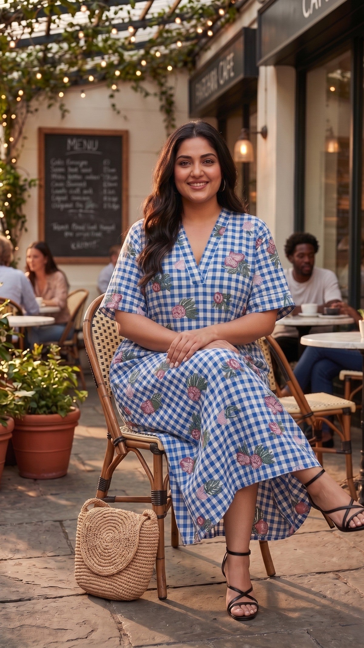 Plus Size Blue Checked Floral Print Maxi Dress β Relaxed Fit Cotton Dress for Women