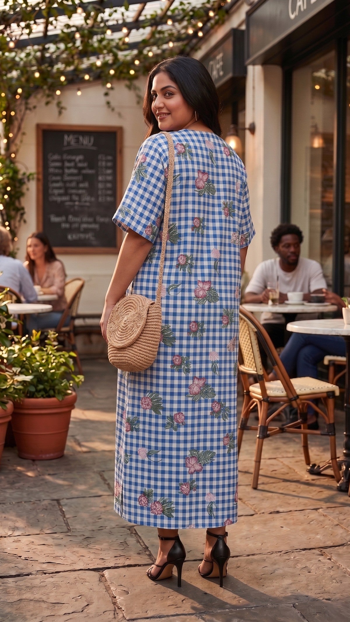 Plus Size Blue Checked Floral Print Maxi Dress β Relaxed Fit Cotton Dress for Women