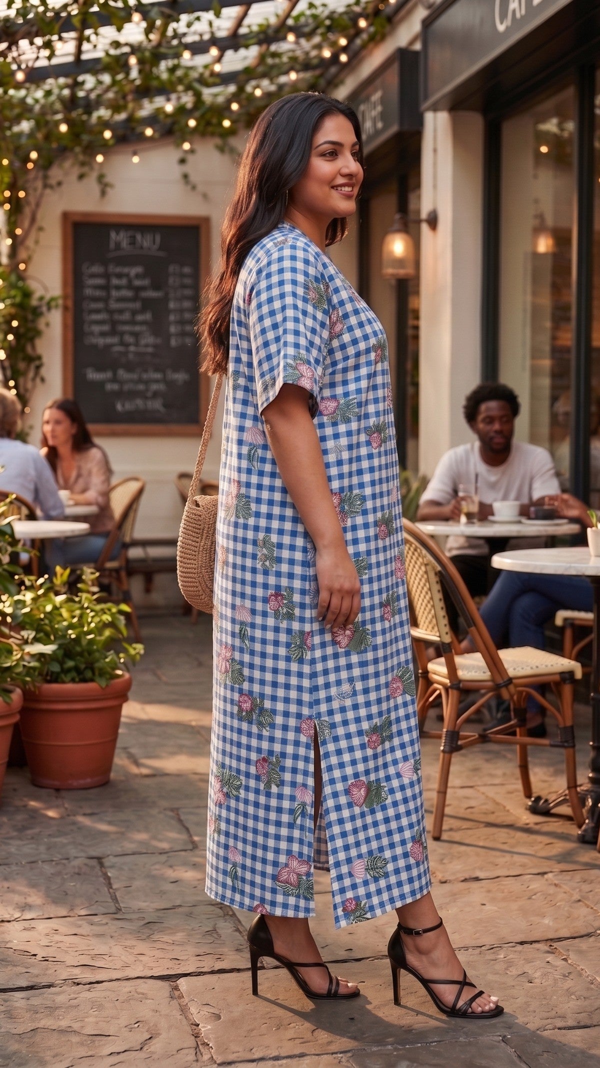 Plus Size Blue Checked Floral Print Maxi Dress β Relaxed Fit Cotton Dress for Women