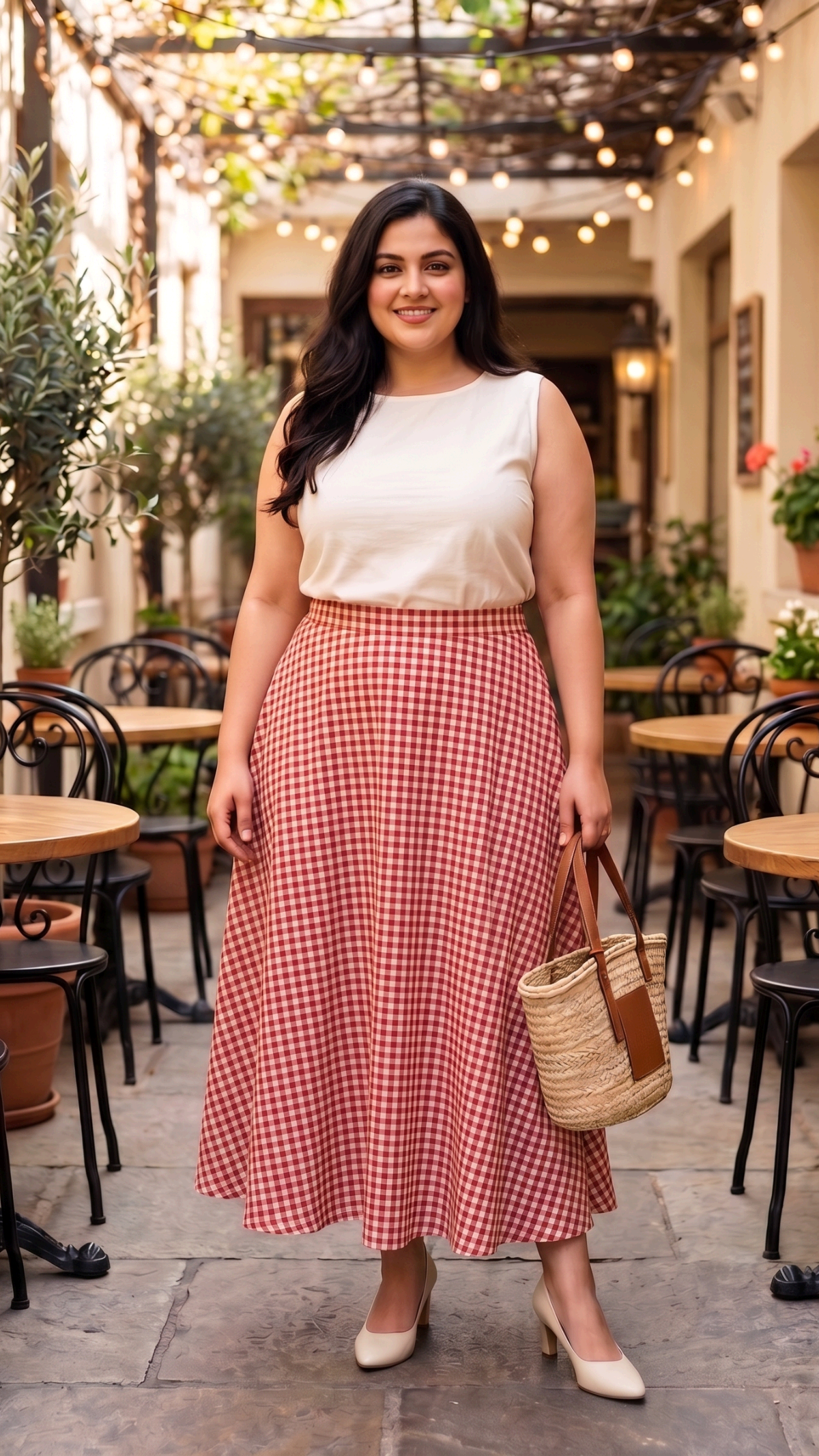 Plus Size Cotton Gingham Flared Skirt for Women | High Waist A-Line Skirt