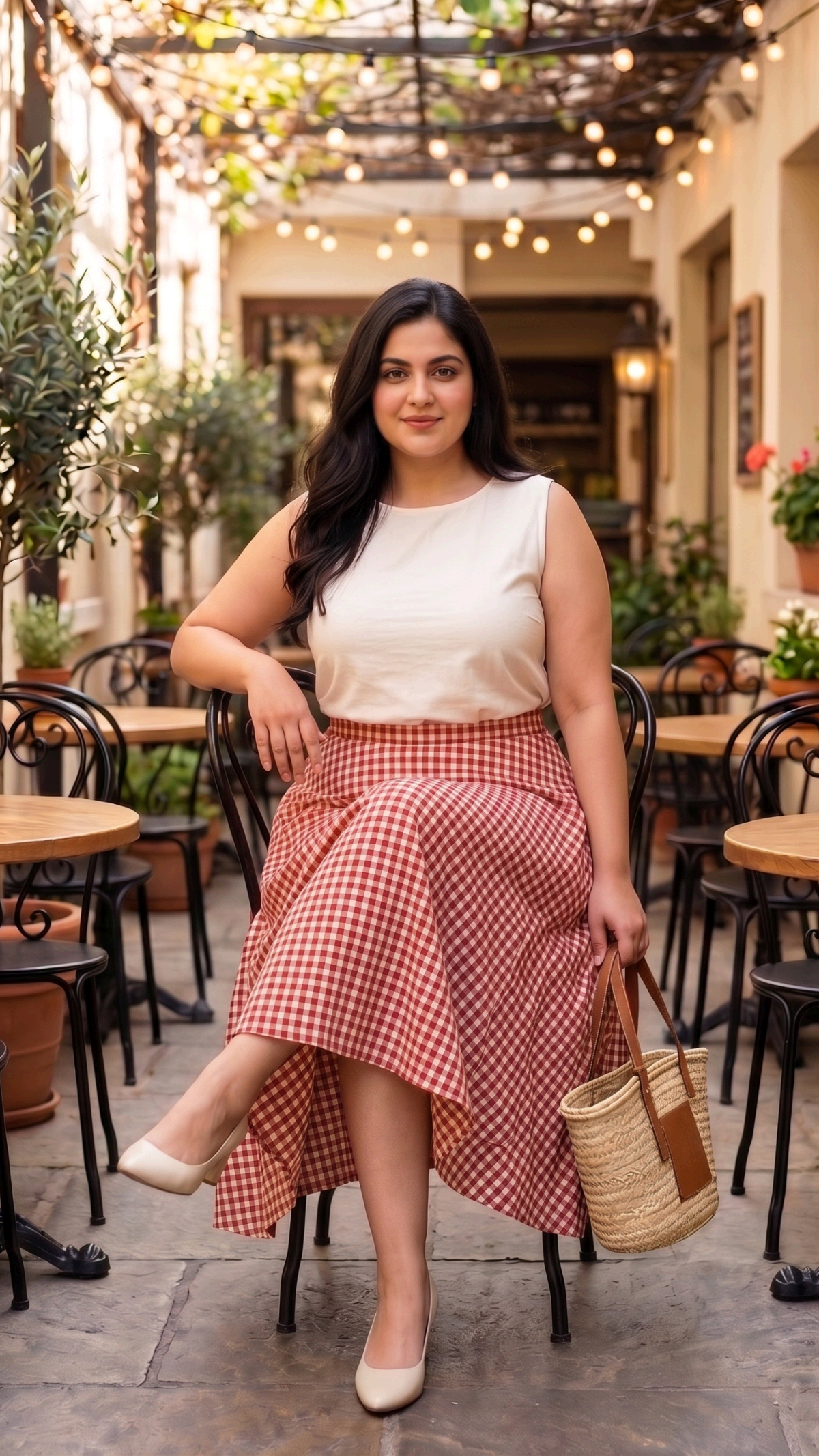 Plus Size Cotton Gingham Flared Skirt for Women | High Waist A-Line Skirt